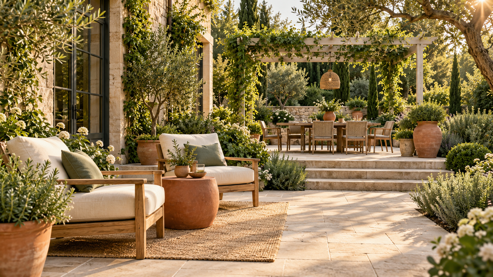 AI-generated garden concept with oak seating, cream cushions, terracotta pots and lush planting.